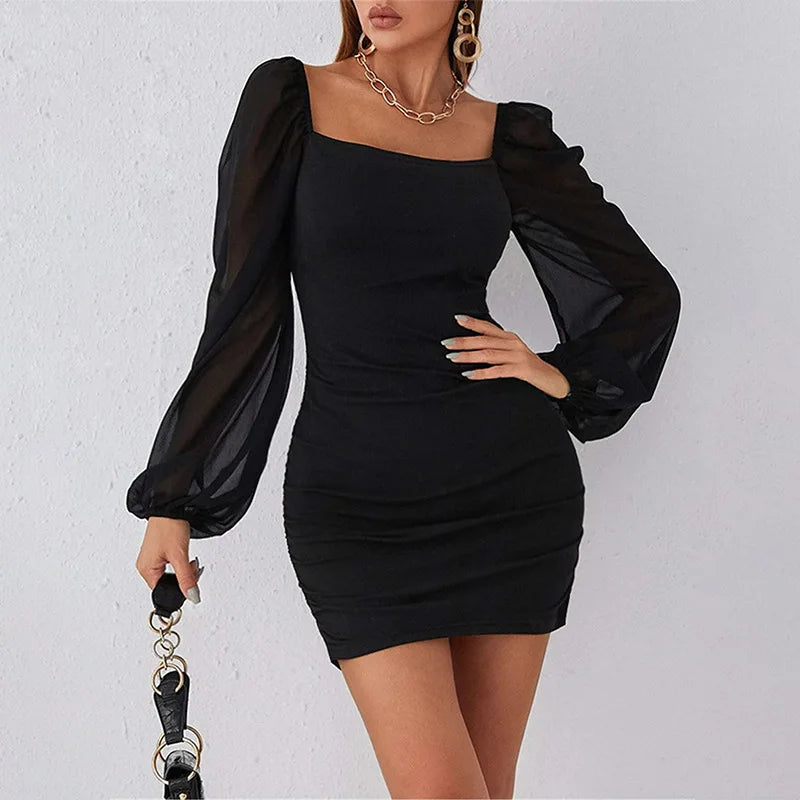 Square Collar Mesh Dress With Pleated Slim Fit Long Sleeve
