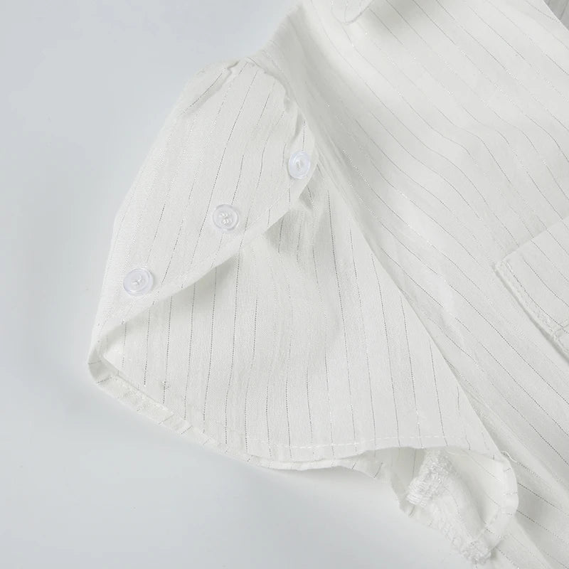 Slim Striped Blouse for Women Casual V-Neck Turn-Down Collar Short Puff Sleeve Summer Shirt