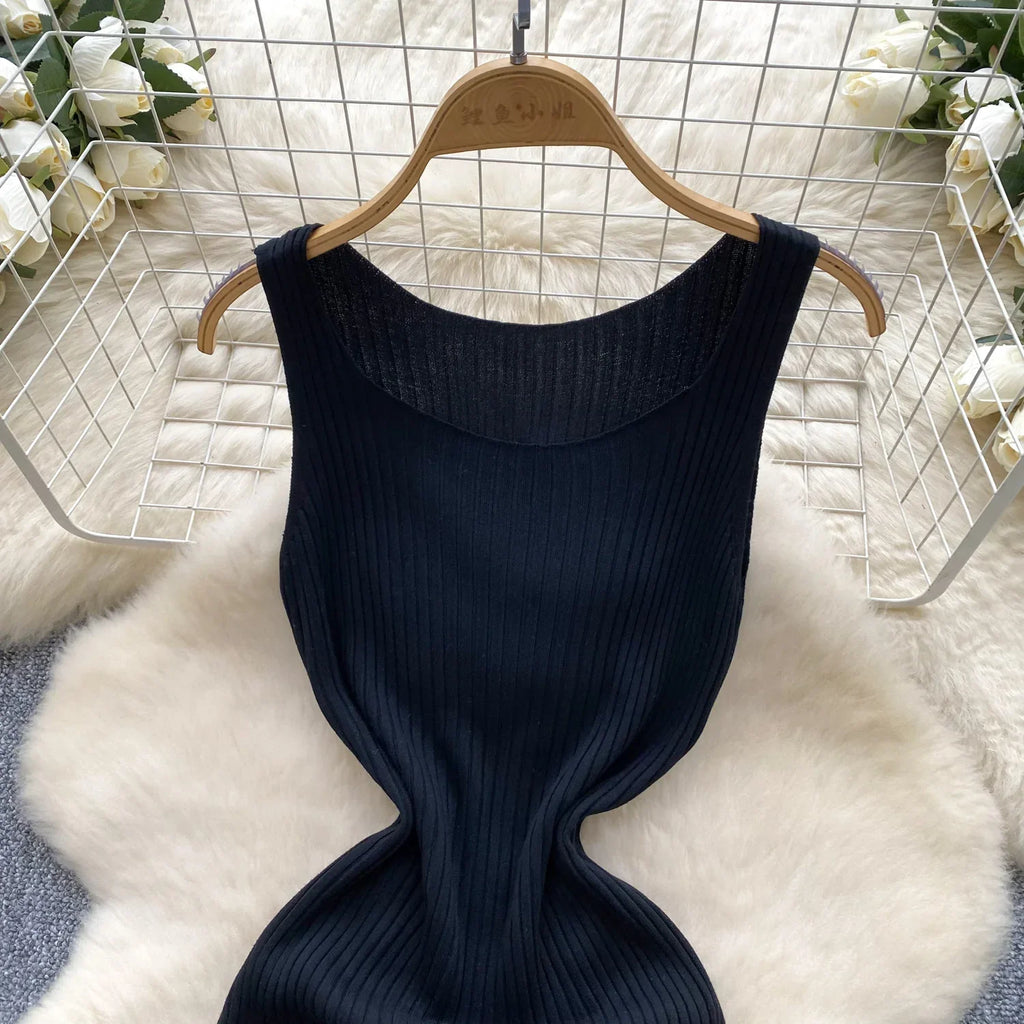 Knit Maxi Dress Women Sleeveless O Neck Bodycon Solid