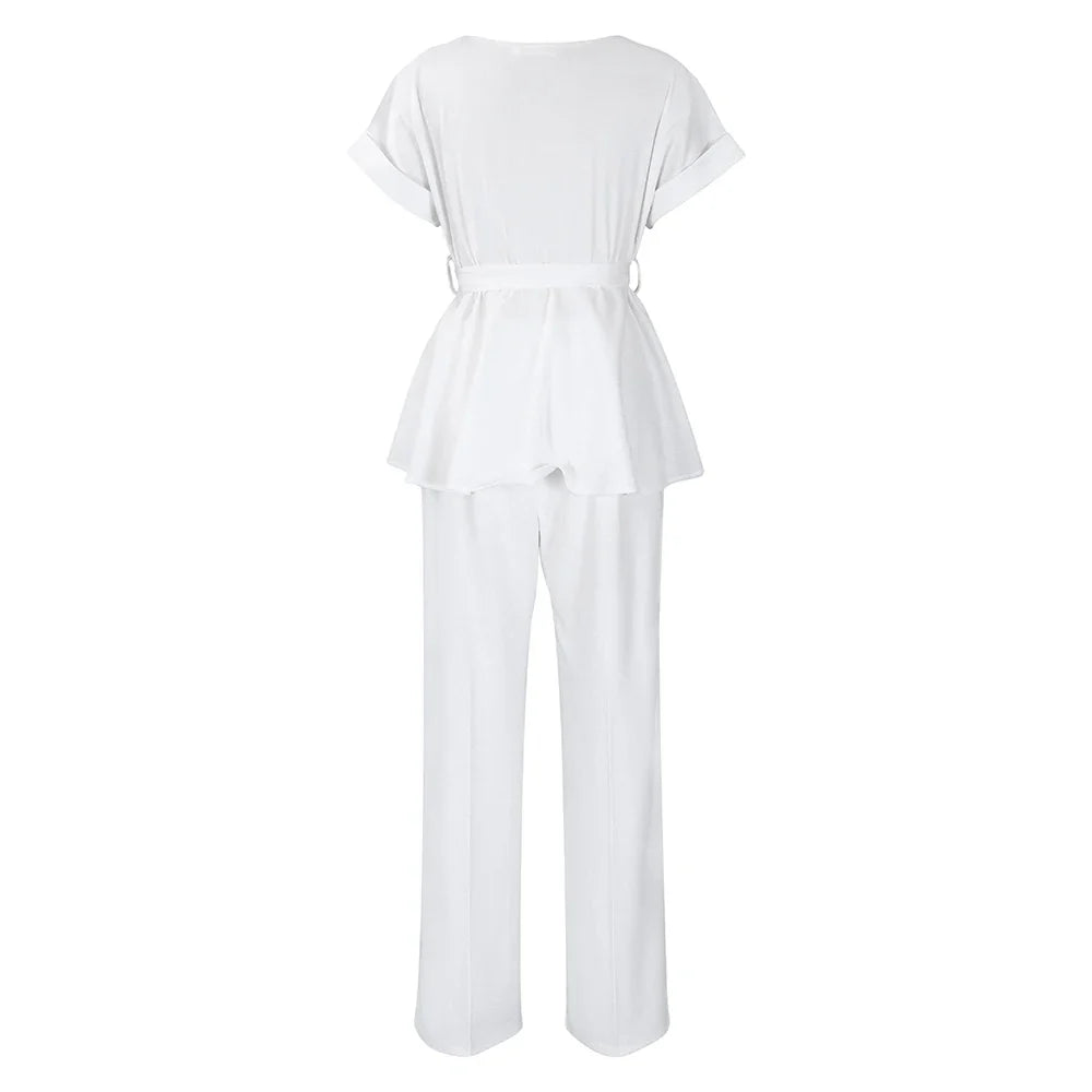 Women's Elegant 2 Piece Pants Set with Solid Blouse Short Sleeve O Neck and Long Trousers