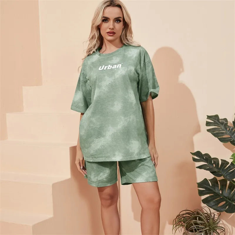2Piece Women's Tie Dye T-Shirt and Wide Leg Shorts Set Casual Loose Fit Soft Summer Outfit with Pockets