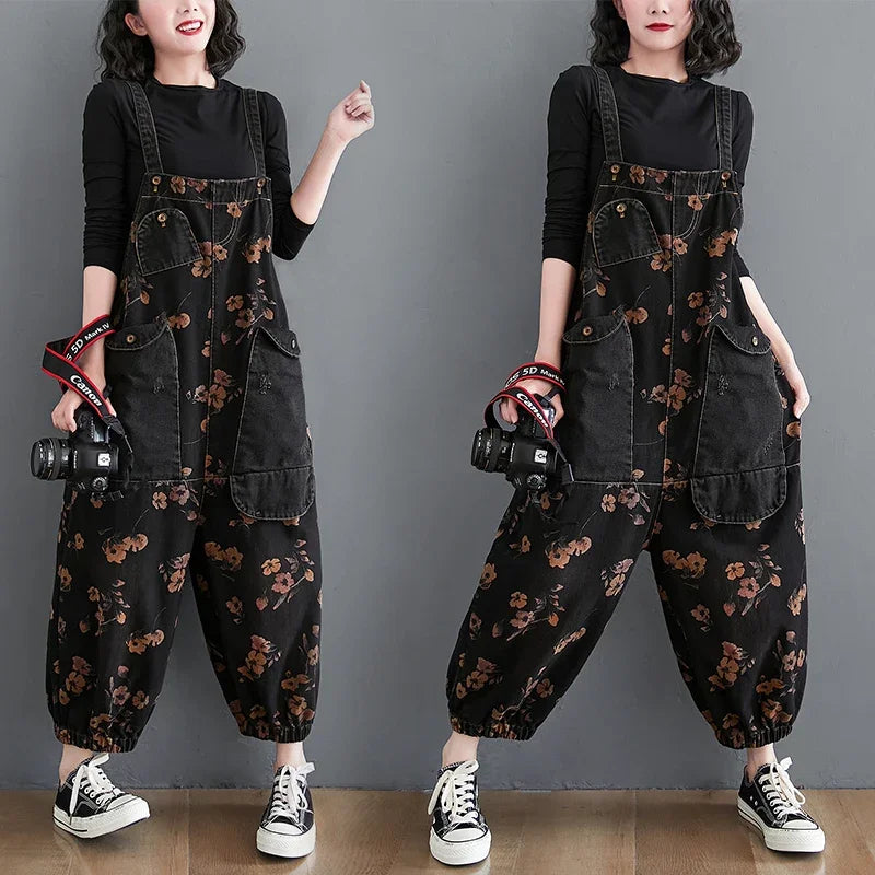 Vintage Floral Print Oversized Black Denim Jumpsuit Women Casual Baggy Cargo Pants Wide Leg Loose Fit Big Pockets Overalls