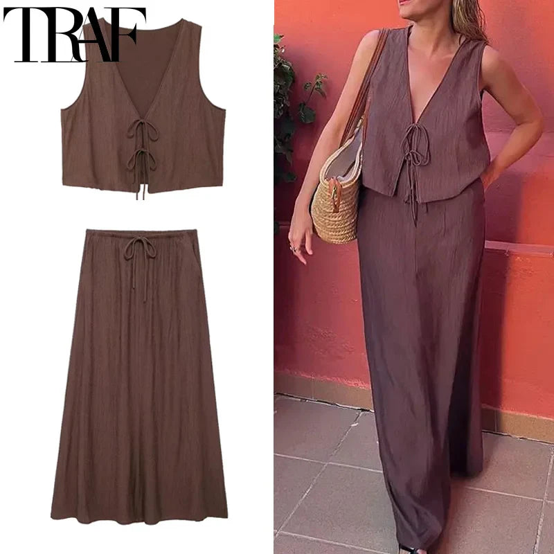 Tied Sleeveless Vest Top and High Waist Midi Skirt Two Piece Set Women's Summer Waistcoat Long Skirt Outfit
