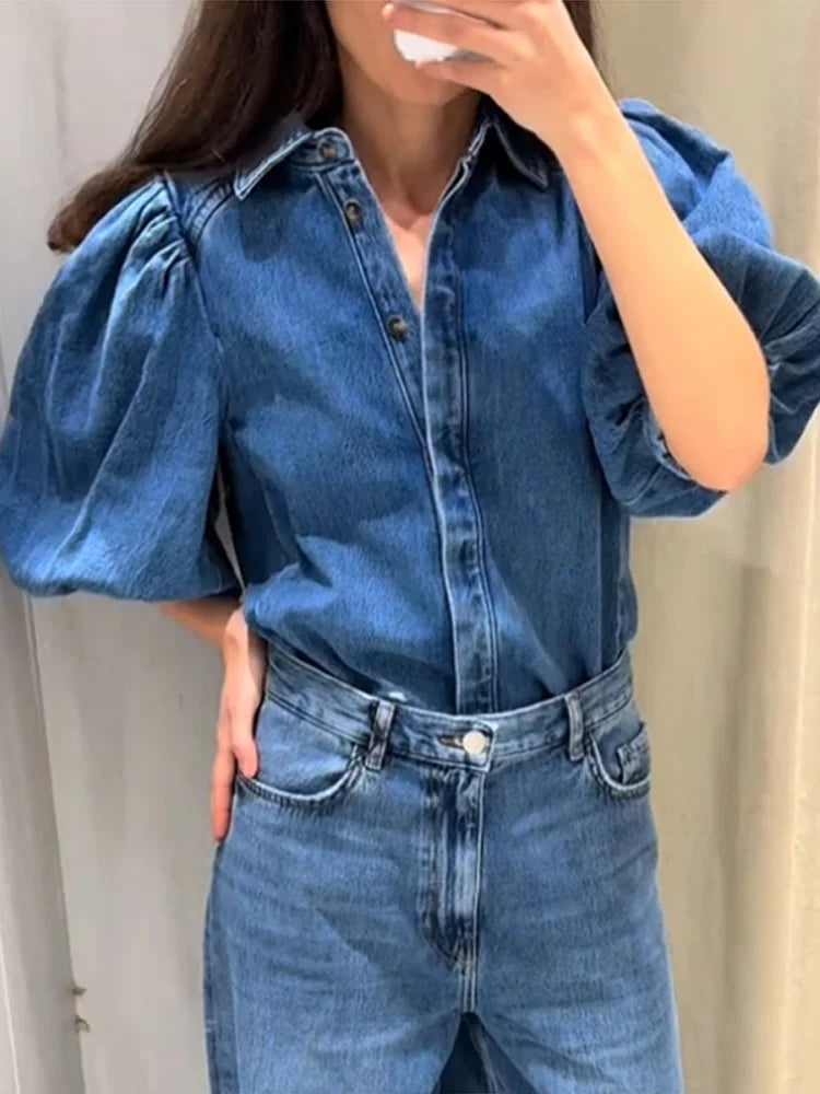 Street Denim Women's Puff Sleeve Shirt Solid Color Single Breasted Pleated Blouse Casual Half Sleeve Top for Spring and Summer