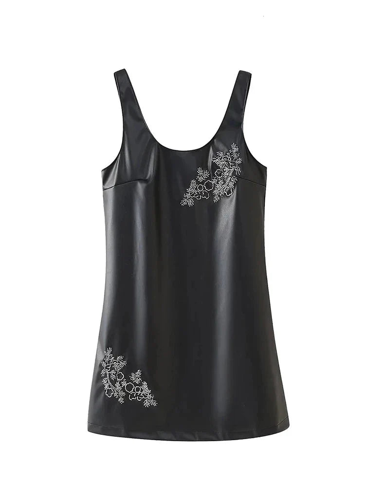 Beaded Dress Faux Leather U Neck Evening Gown For Party