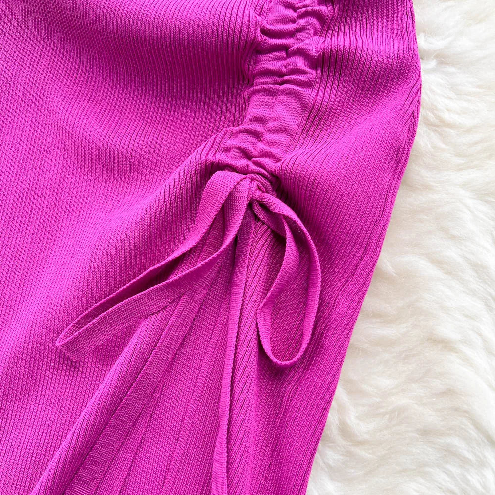 Summer Knitted Bodycon Dress Drawstring Split Black Women