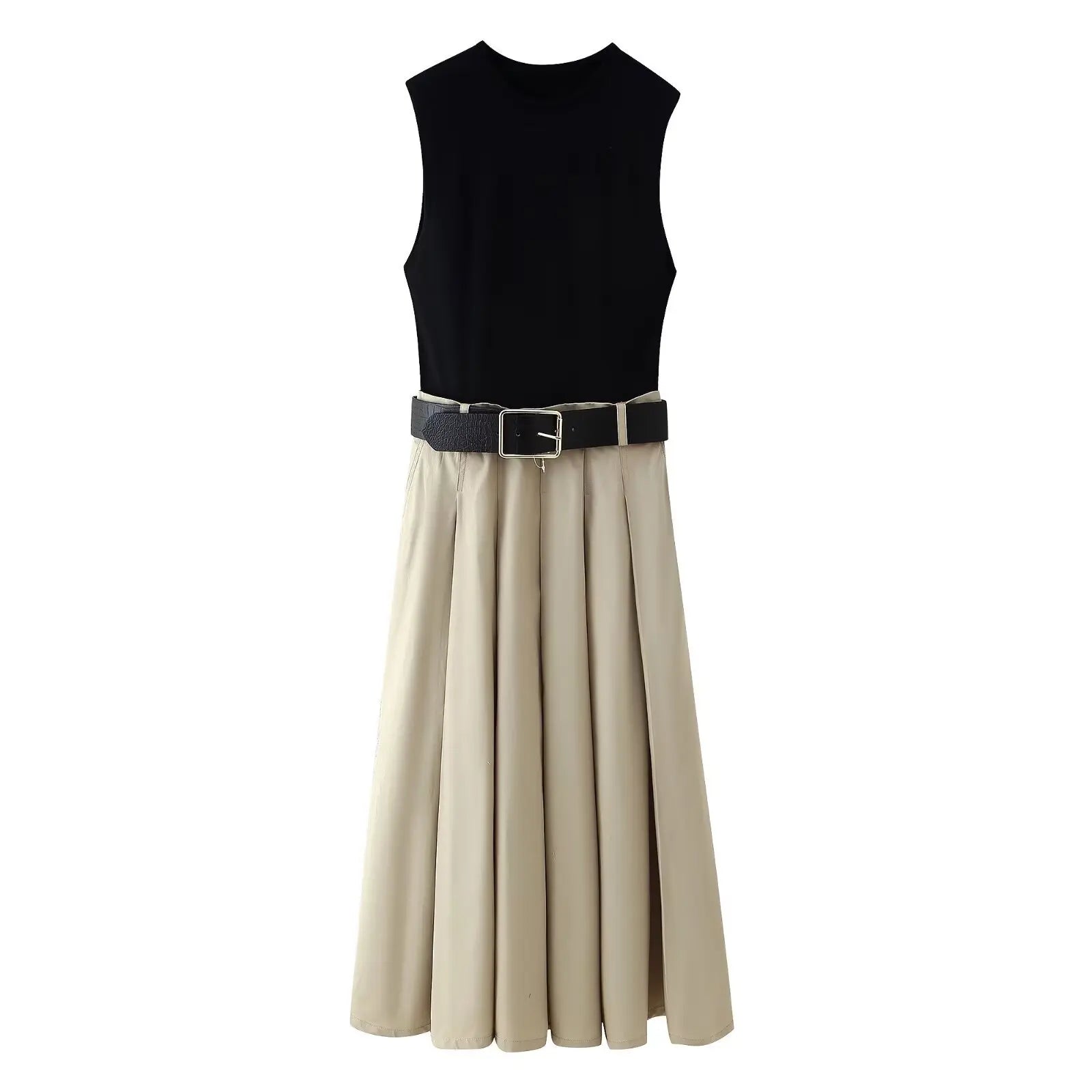 High Waist Pleated Dress With Belt Round Neck Sleeveless