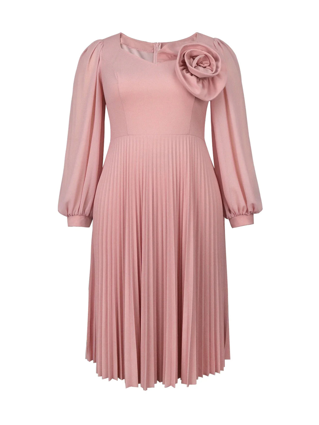 Pink Bubble Sleeve Dress 3D Flowers O Neck Pleated Maxi