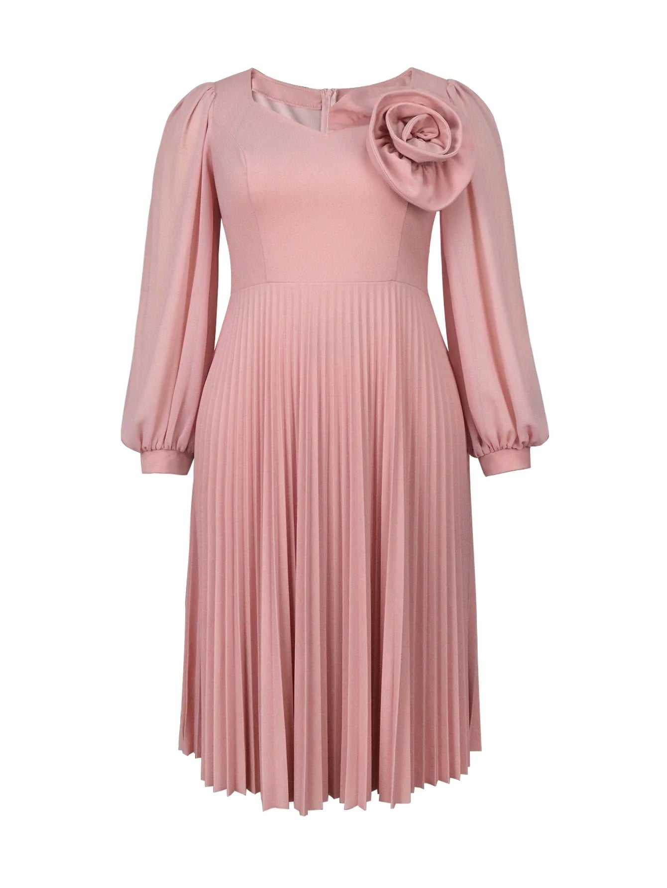 Pink Bubble Sleeve Dress 3D Flowers O Neck Pleated Maxi