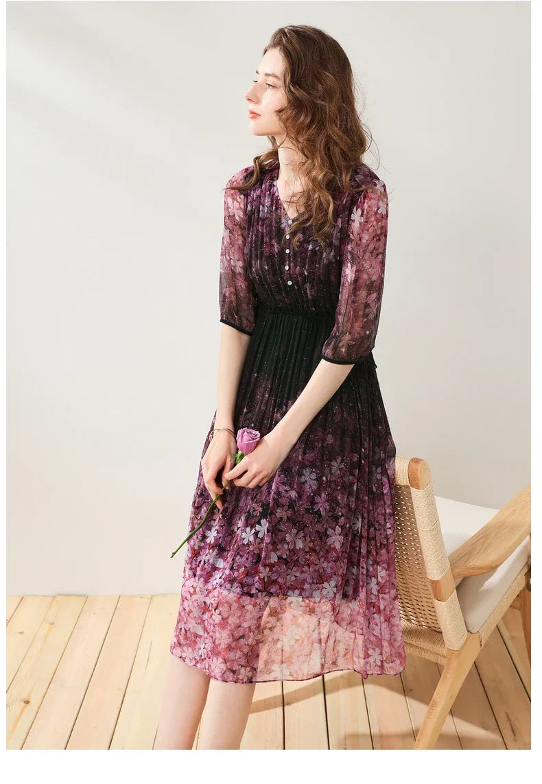 Purple Floral Chiffon Dress With V Neck And Lantern Sleeves