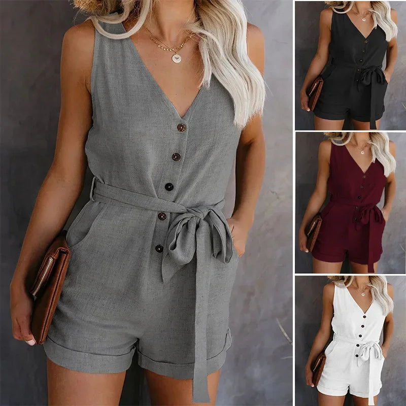 Women's Casual V Neck Monochromatic Jumpsuit with Five Point Shorts Lightweight Summer Outfit