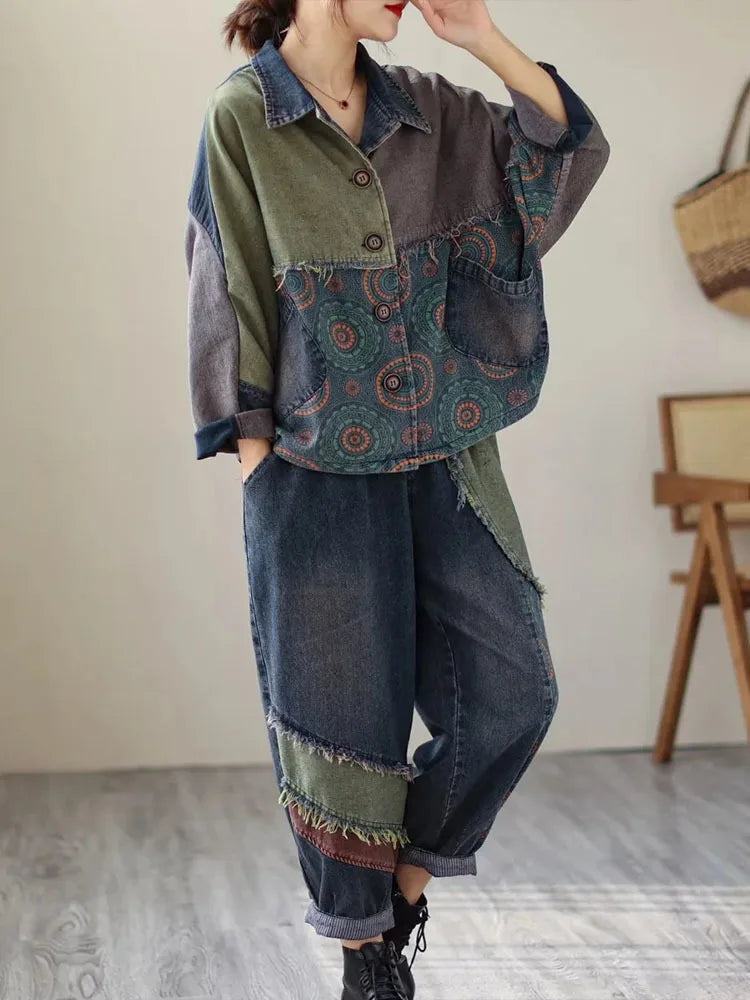 Womens Vintage Denim Two Piece Set with Printed Jacket and Casual Jeans