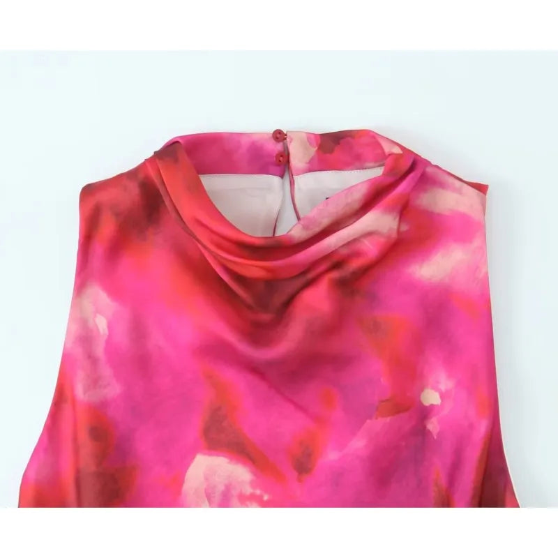 Printed Satin Midi Dress Women Sleeveless Back Button