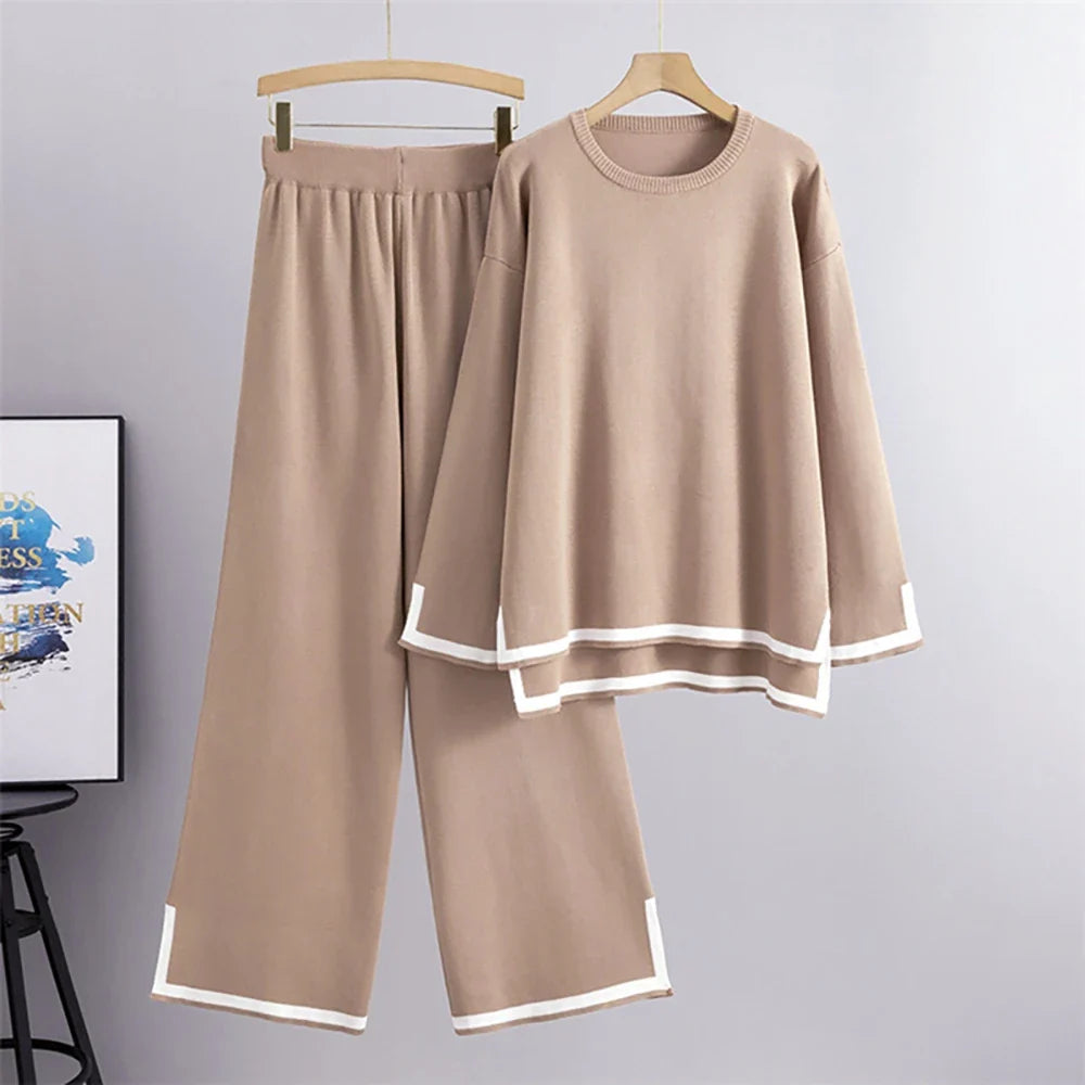 Elegant O-Neck Side Slit Pullover Long Sleeve Sweater and Wide Leg Pants 2 Piece Set for Women Casual Autumn Outfit