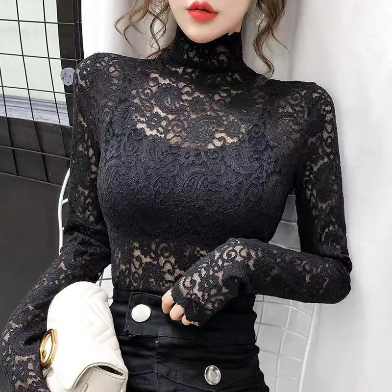 Thick and Thin Fleece Women's Long Sleeve High Neck Lace T-Shirt for Office and Casual Wear