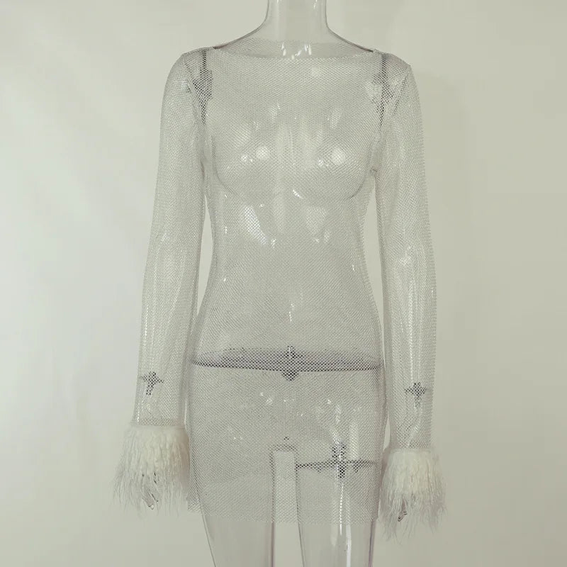 Black Mesh Bodycon Dress Long Sleeve Women Clubwear