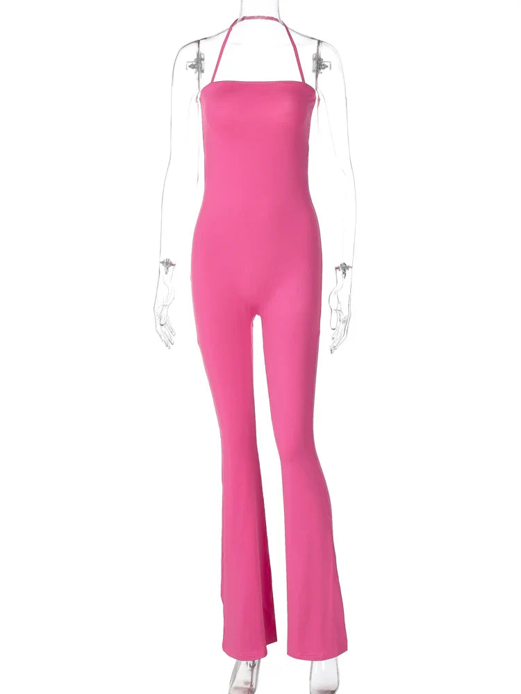 Sleeveless Halter Backless Bodycon Jumpsuit with Flare Pants Casual Rompers for Women Streetwear Festival Outfit