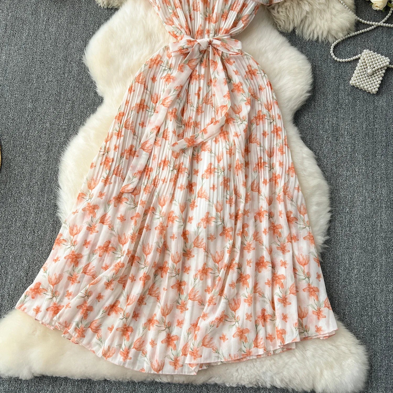 Retro Floral Chiffon Midi Dress With Ruffle Details