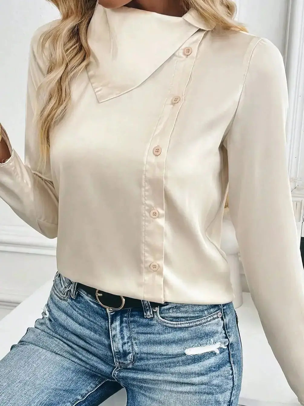 Elegant Asymmetrical Profiled Lapel Long Sleeve H-Line Fall Winter Shirt for Women