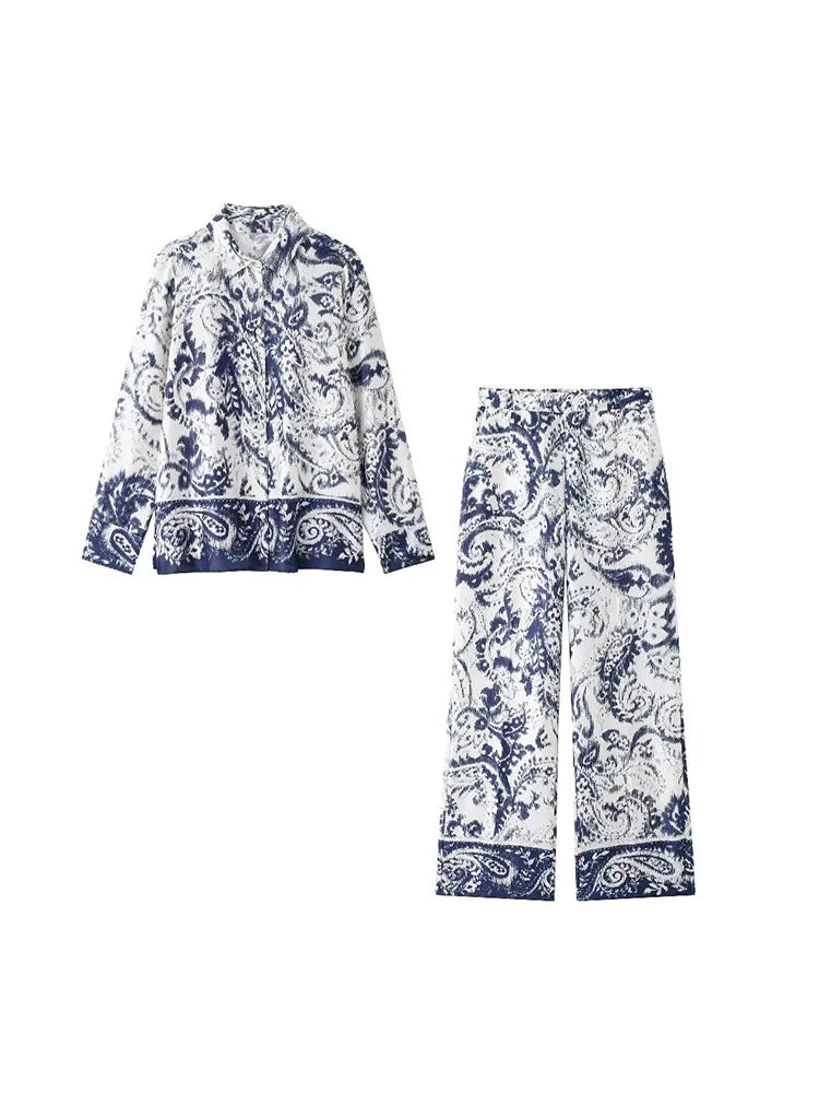 Niche Western Style Printed Shirt and High Waisted Pants Set for Fashionable Autumn Looks