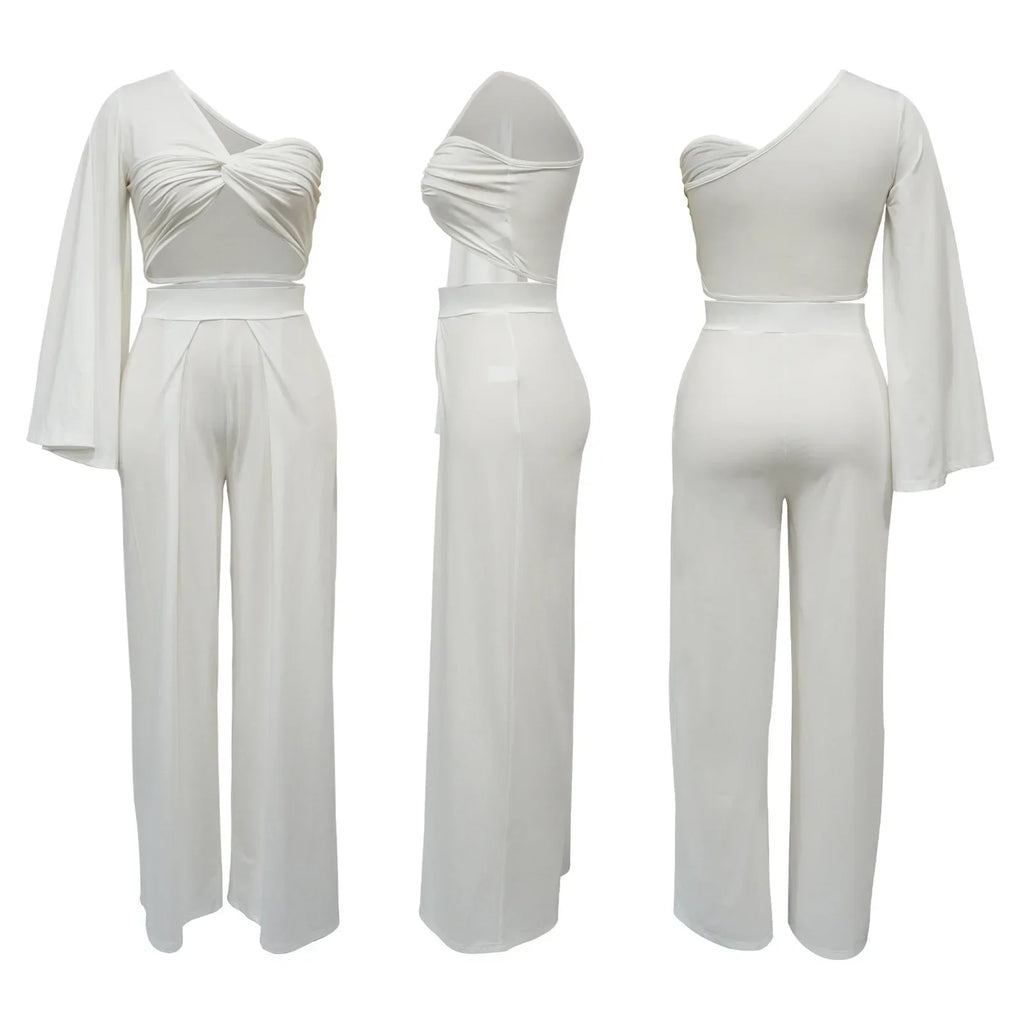 Women's Ruched One Shoulder Sleeve Crop Top and Wide Leg Pants Two Piece Set Outfit