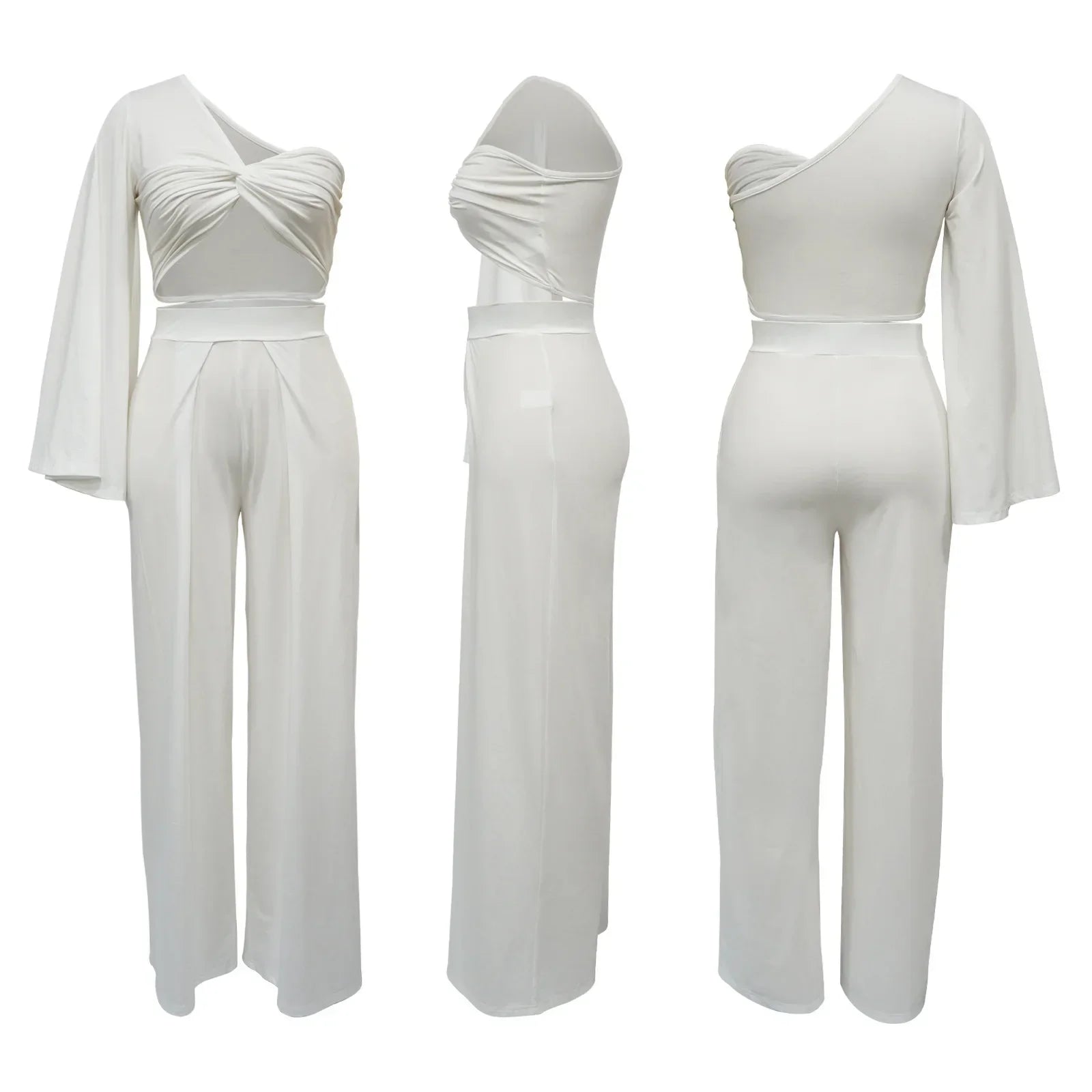 Women's Ruched One Shoulder Sleeve Crop Top and Wide Leg Pants Two Piece Set Outfit