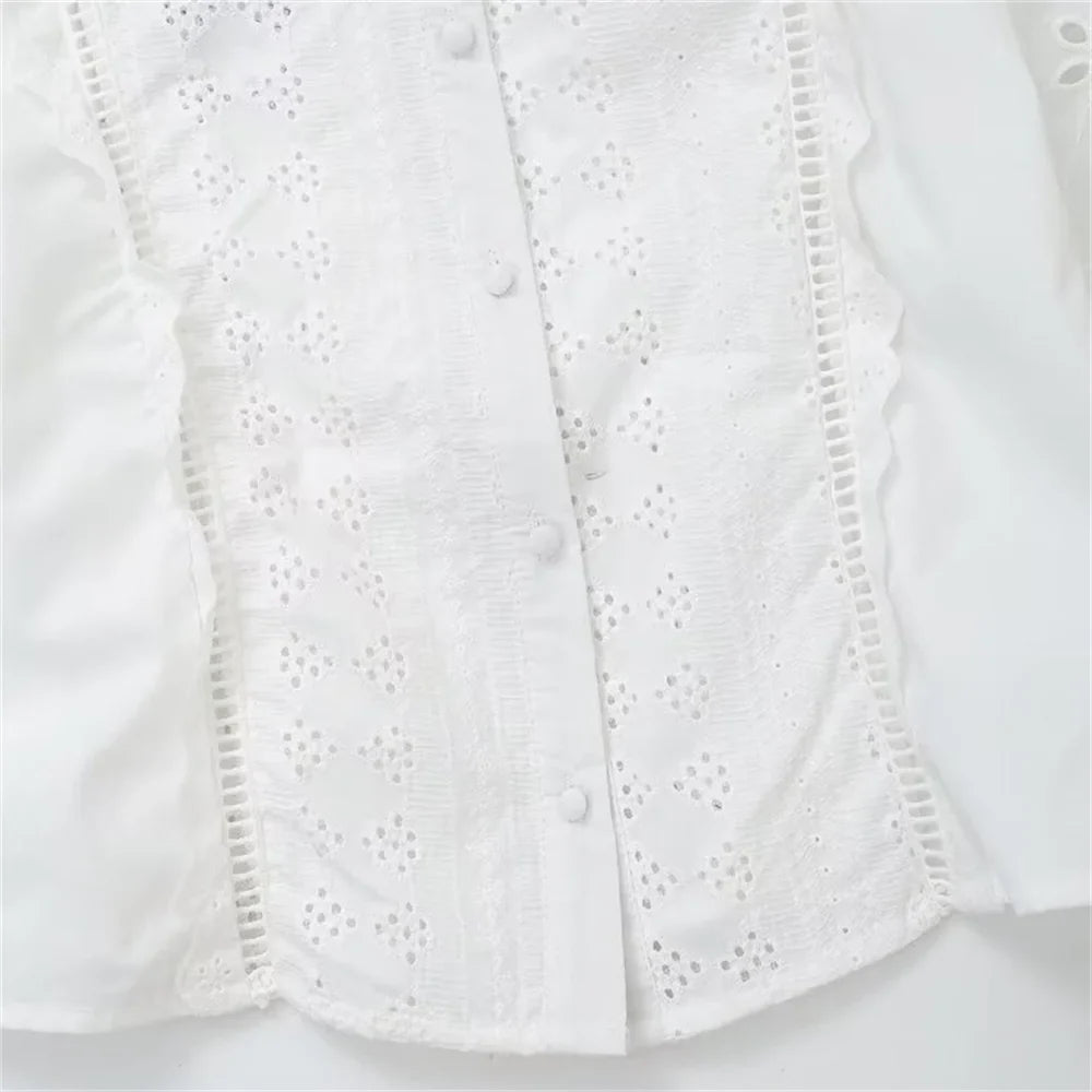 Women's Single Breasted Round Neck Lantern Sleeve Embroidered Hollow Shirt with Elegant Design and Slimming Fit