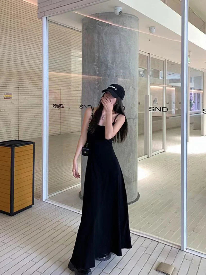 Y2K Black Strap Long Dress Sleeveless Bodycon Sundress