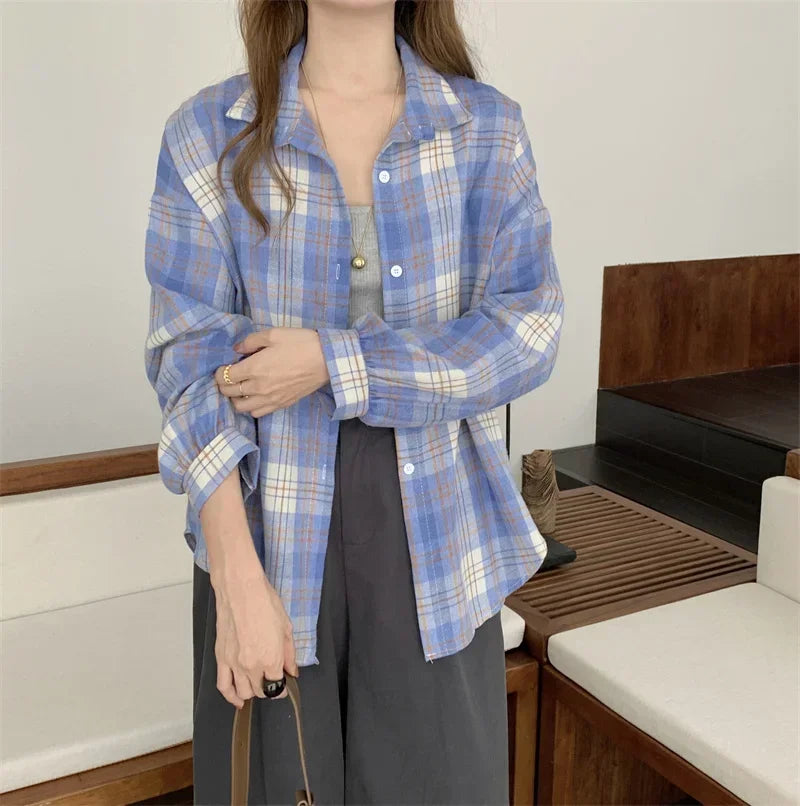 Oversized Button-Up Plaid Flannel Shirt for Women Casual Checkered Blouse Boyfriend Style Loose Fit Teen Girl Top