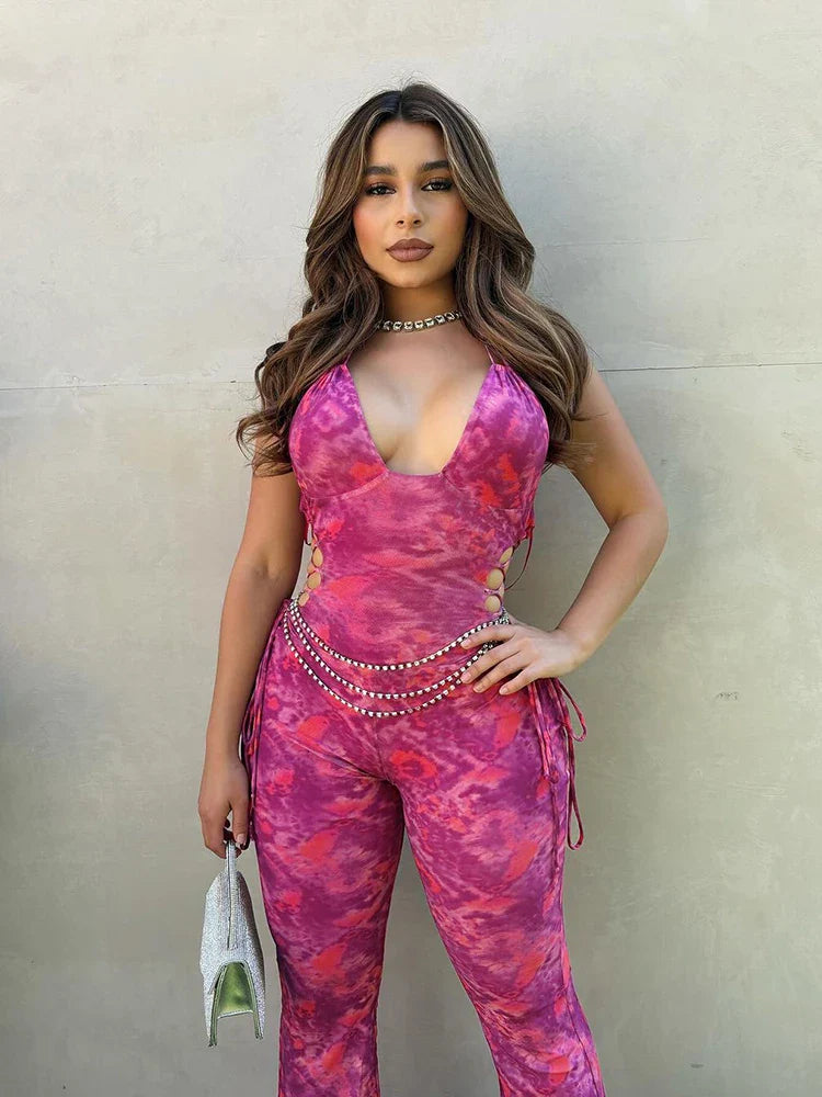 Backless Tie-Dye Side Shirring Jumpsuit for Women Sleeveless Skinny Overalls Sexy Clubwear and Workout Midnight Party Outfit