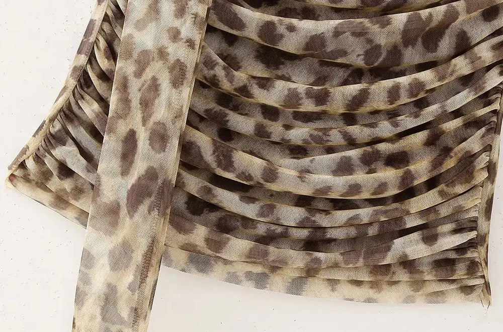 Strapless Leopard Print Tulle Draped Bustier Top with High Waist Long Skirt Two-Piece Set for Women Sexy Evening Outfit