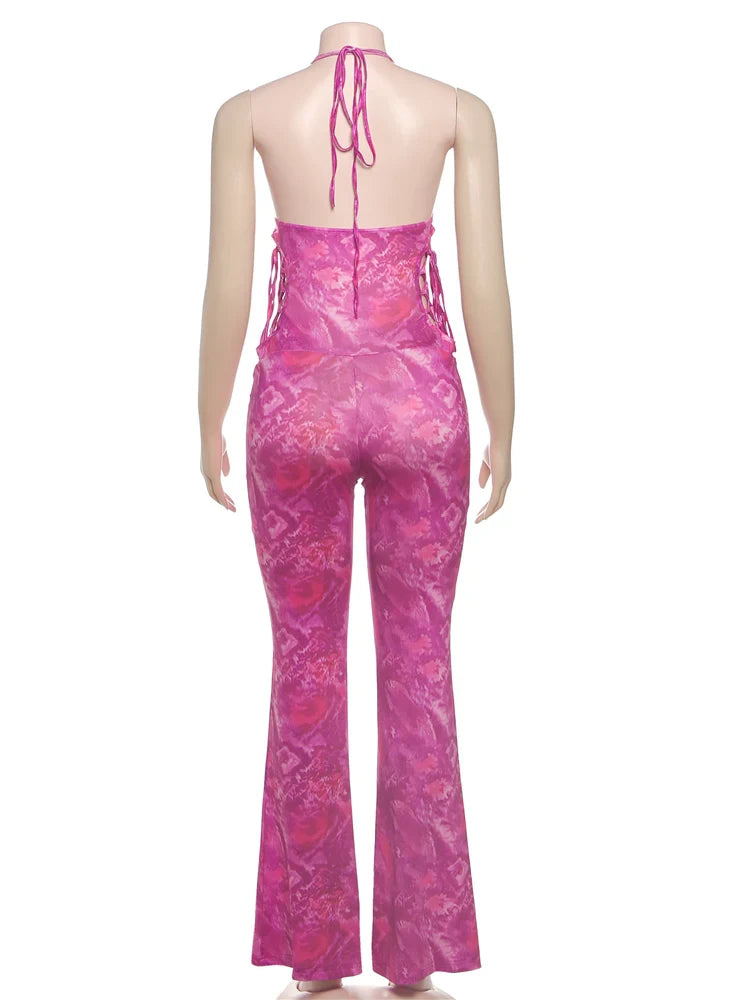 Backless Tie-Dye Side Shirring Jumpsuit for Women Sleeveless Skinny Overalls Sexy Clubwear and Workout Midnight Party Outfit