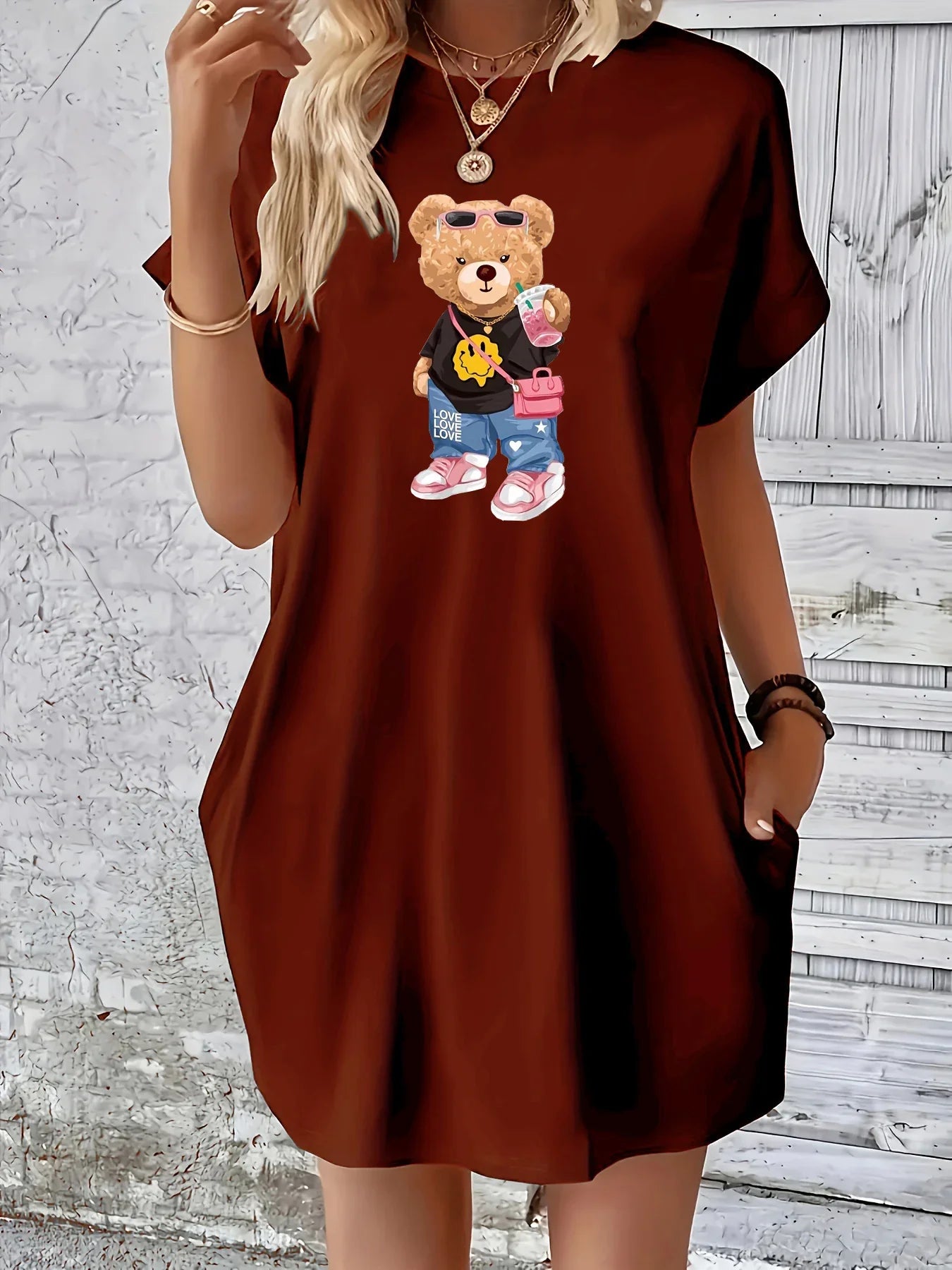Plus Size Women's Summer Round Neck Bear Print Dress