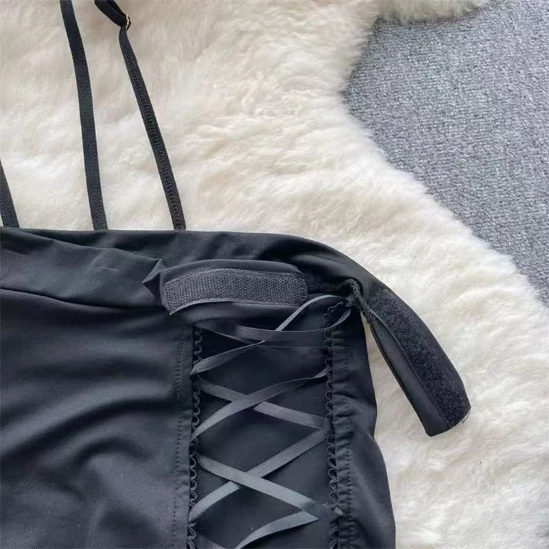 Women Preppy Sexy Uniform Set Sheer V Neck Top Lace Up Mini Skirt Hollow Out Thong Lingerie Cosplay Costume