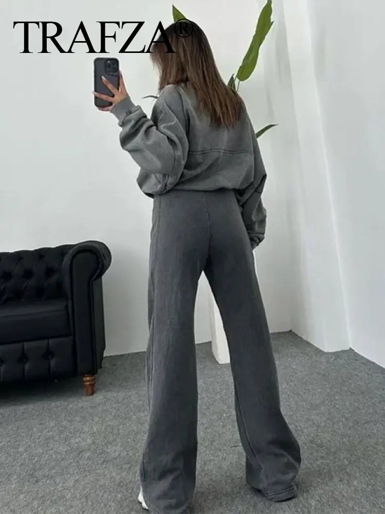 Casual Bomber Jacket Pant Set for Women Long Sleeve Zipper Coat Vintage Solid Sweatshirt Suit Autumn Streetwear Outfit