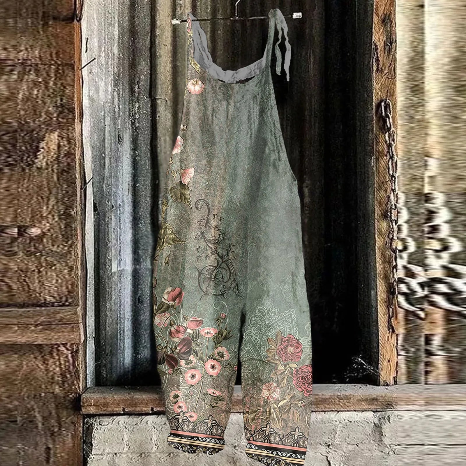 Women's Floral Print Cotton Linen Jumpsuit Loose Vintage Casual Shoulder Strap Romper