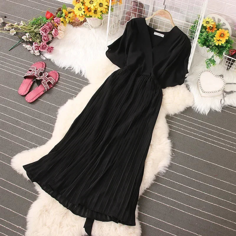 Chiffon Pleated Lace Up V Neck Dress For Women Summer