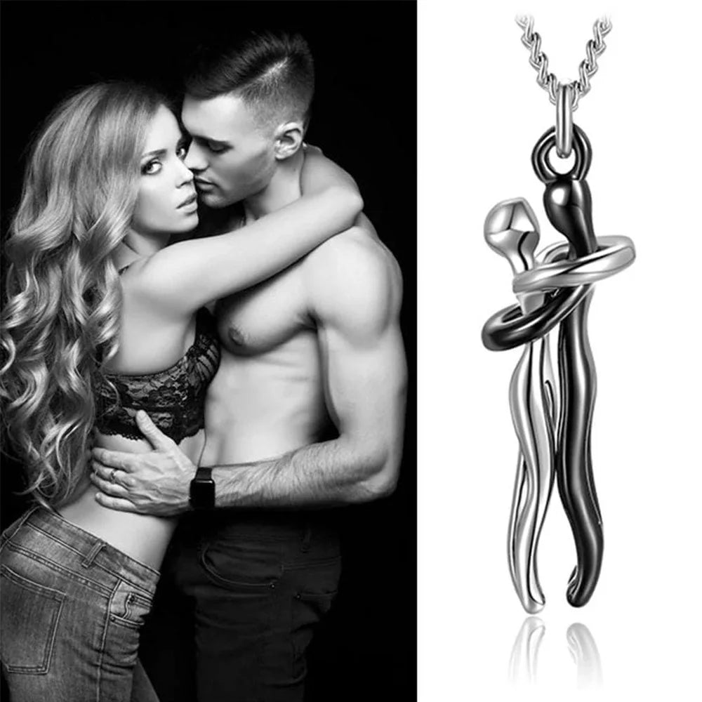 Chic Black Hug Pendant Necklace for Couples - Elegant Love Symbol Perfect for Daily Wear and Special Occasions