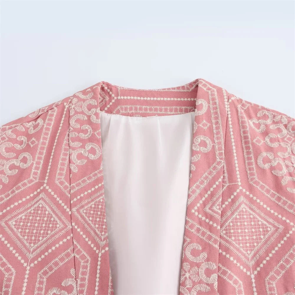 V-Neck Embroidered Kimono Style Mid-Length Windbreaker and High Waisted Straight Leg Pants Set for Women