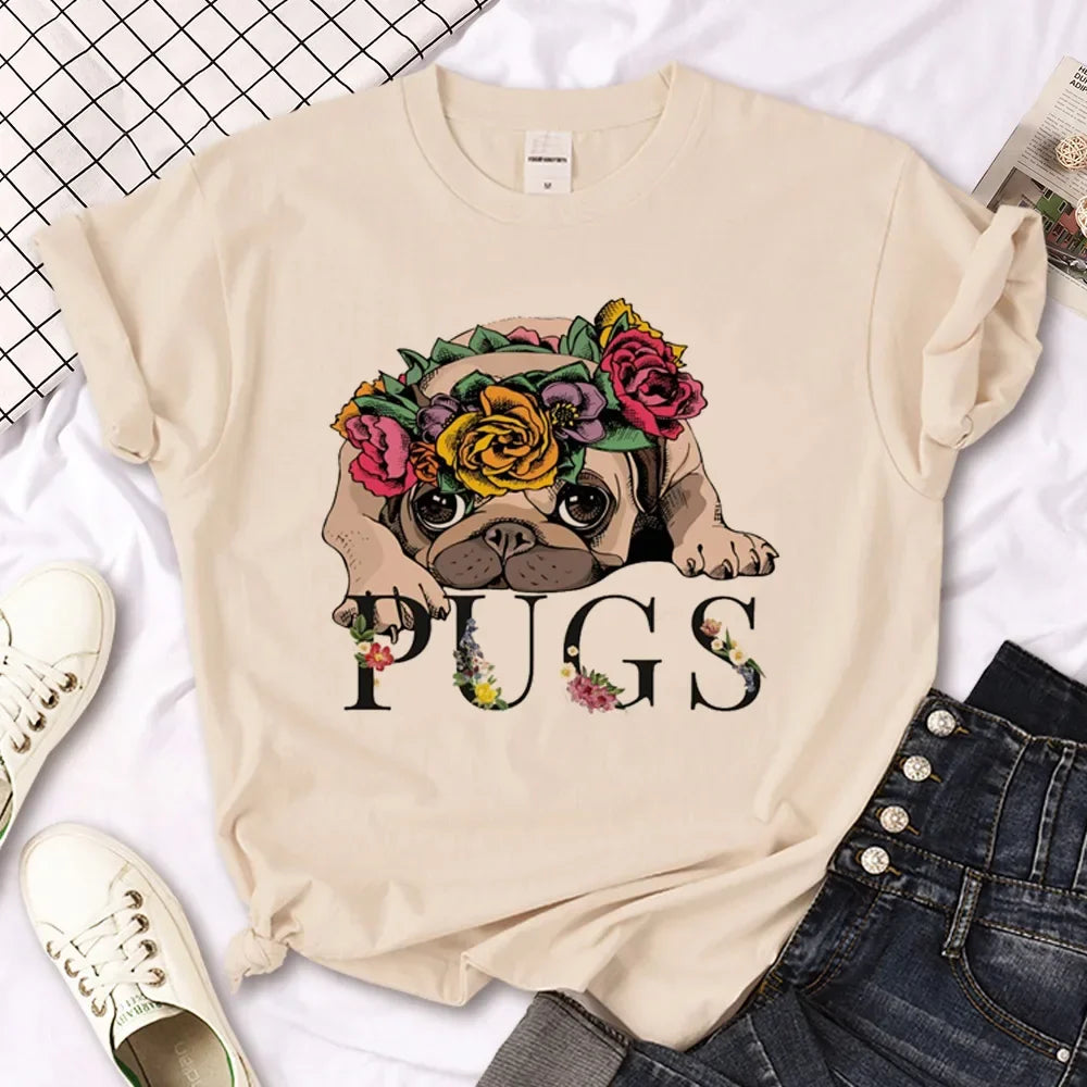 Pug Anime T-Shirt for Women Japanese Style Summer Streetwear Basic Tee