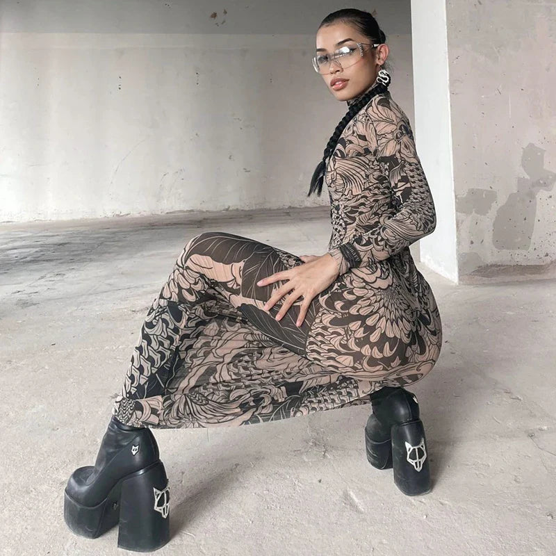 Women Mesh See Through Bodycon Long Sleeve Dress Autumn