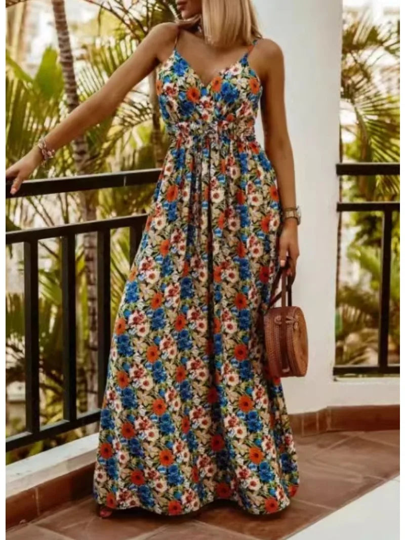 Bohemian Floral Chiffon Summer Dress With V Neckline