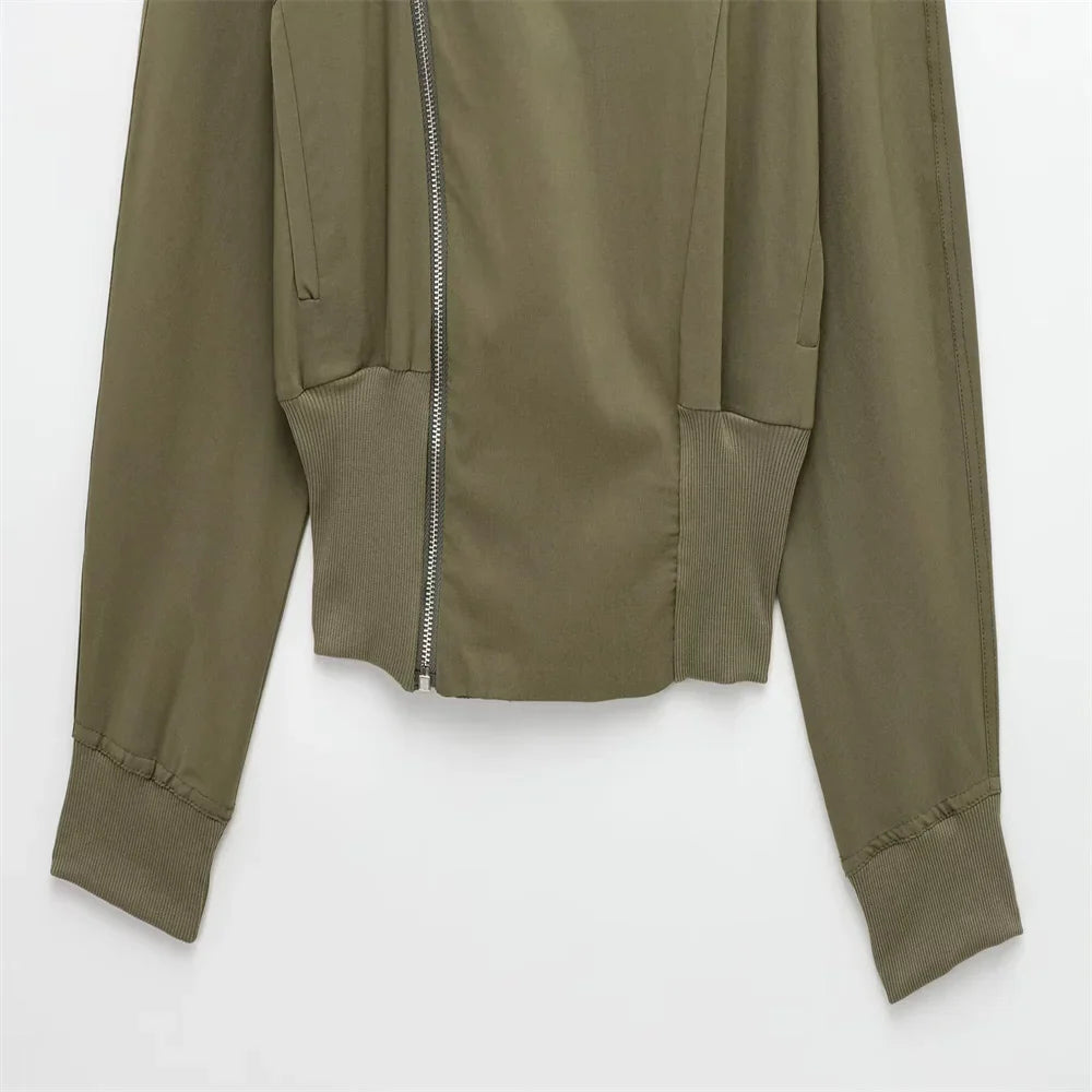 Olive Green Cowl Neck Asymmetric Zip Jacket with Elastic Waist Wide Leg Cargo Pants Set for Trendy Women's Fashion