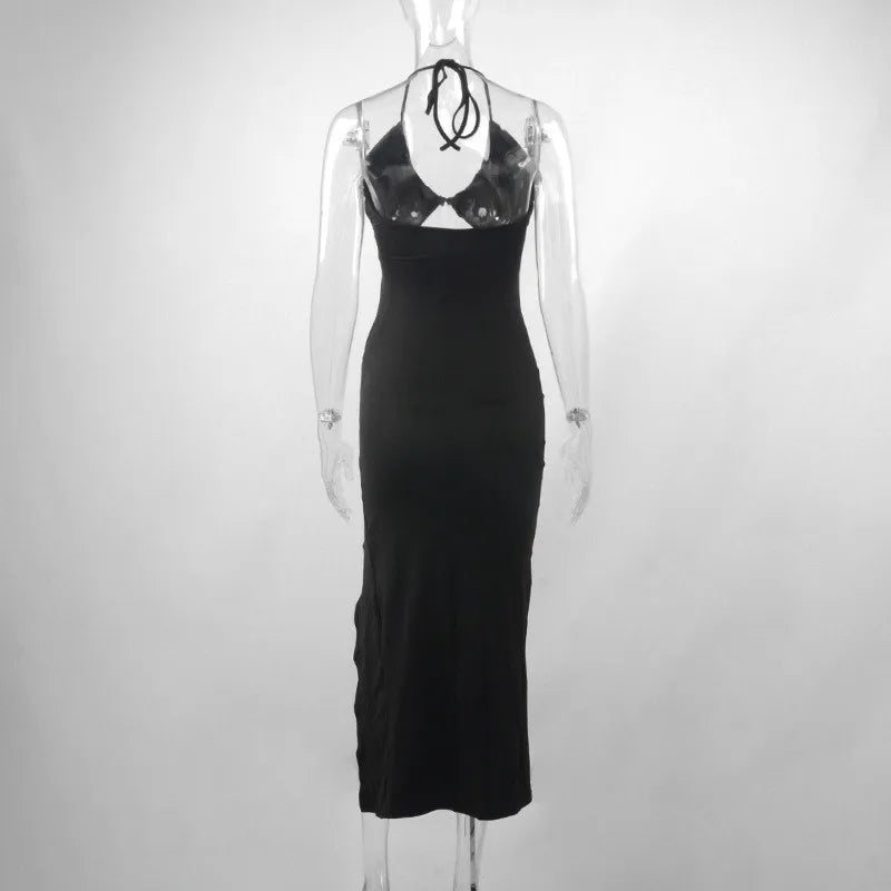 Black Backless Party Dress Halter Lace Up Hollow Out