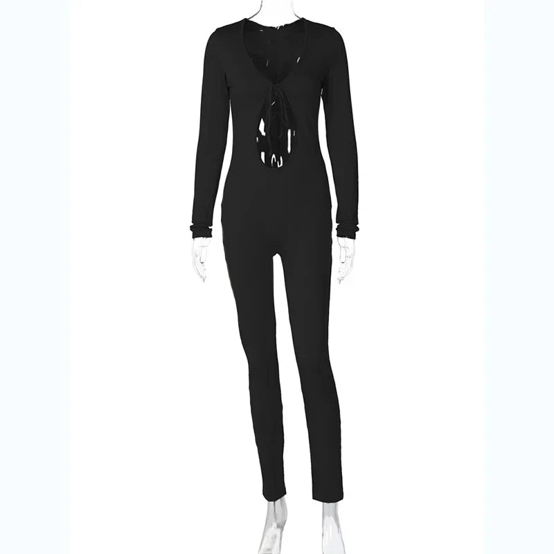 Solid V Neck Long Sleeve Hollow Out Lace Up Sexy Bodycon Jumpsuit Women's Fashion Streetwear Sporty Romper Overalls for Fall