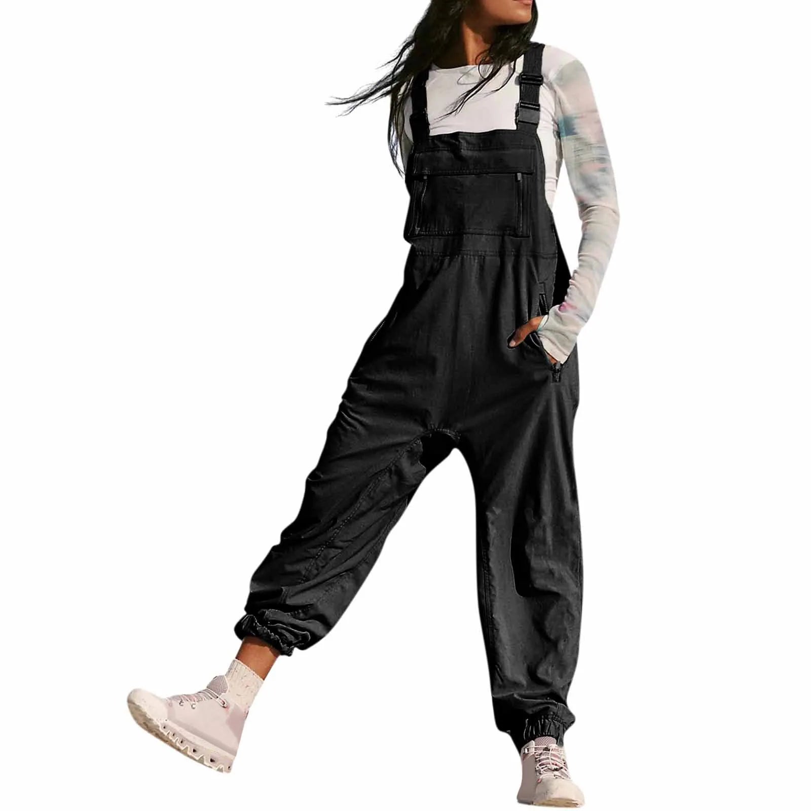 Women's Summer Casual Loose Wide Leg Jumpsuit with Adjustable Straps Pockets and Retro Button Detail Solid Color Sleeveless Overalls