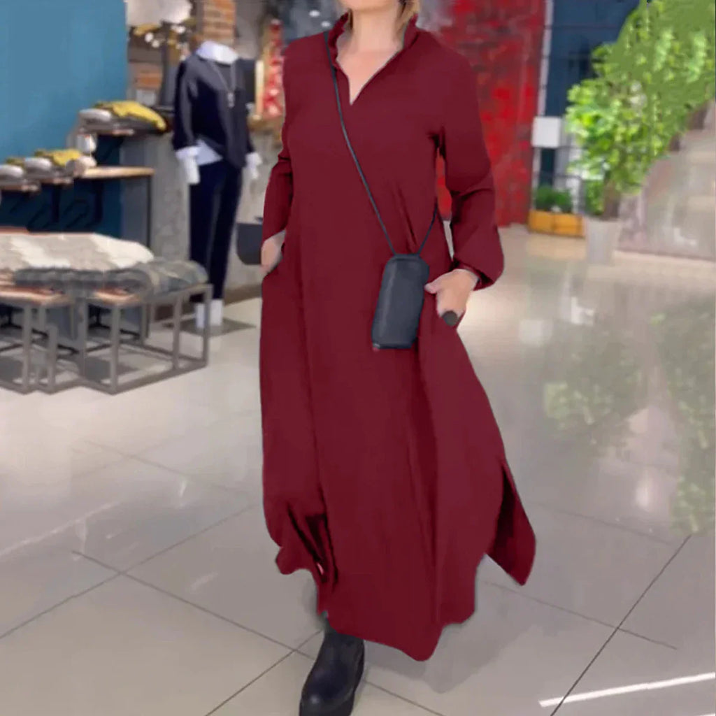 Casual Loose Fit V-Neck Long Sleeve Solid Color Dress