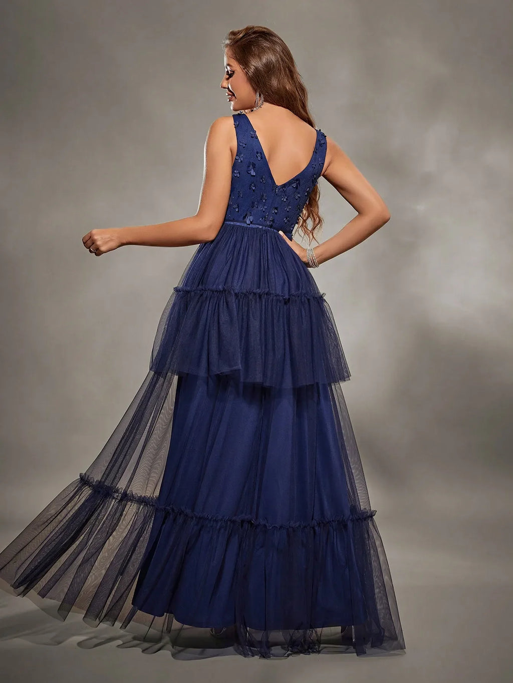 V Neck Embroidered Mesh Evening Gown With Layered Skirt