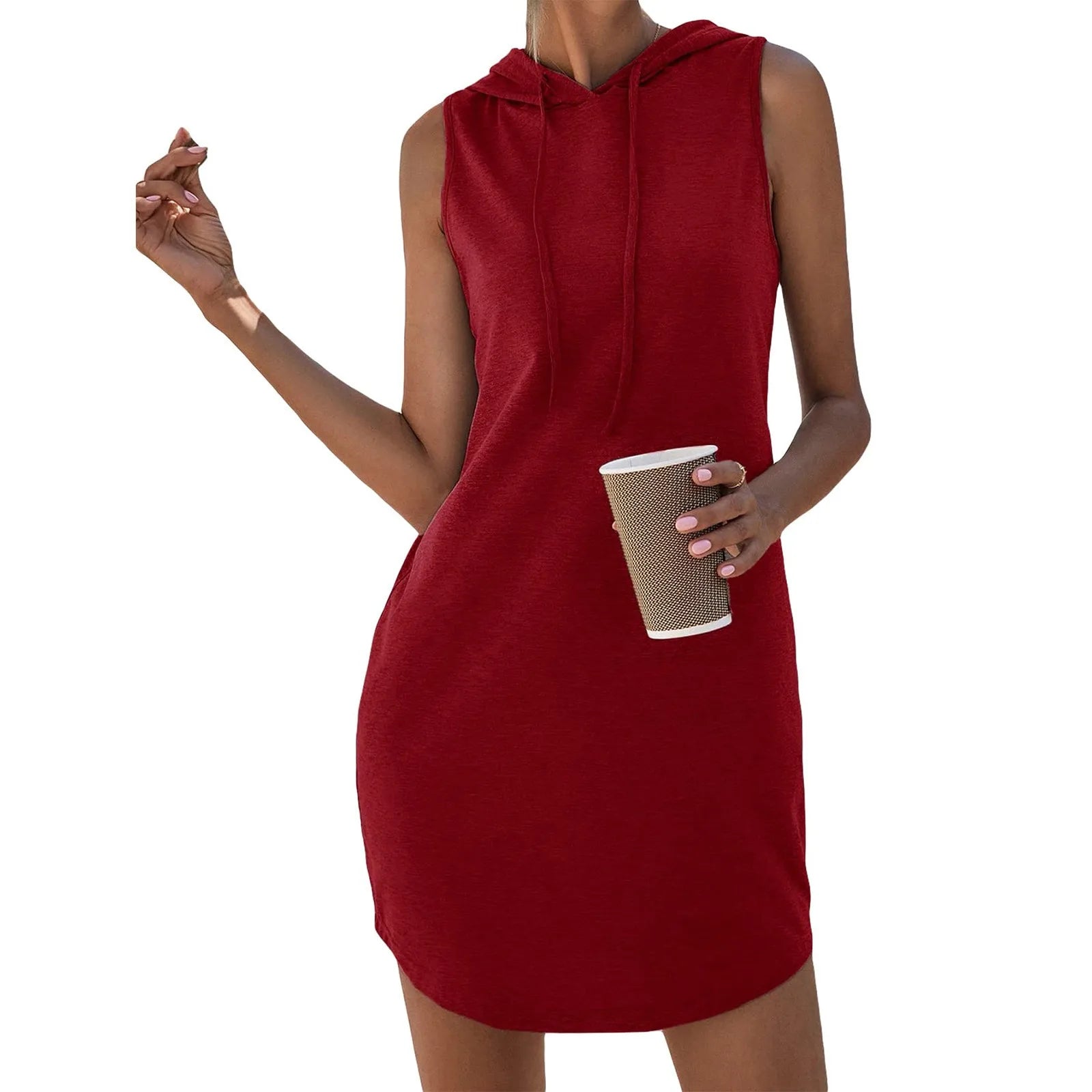 Womens Sleeveless Hoodie Dress With Drawstring Streetwear
