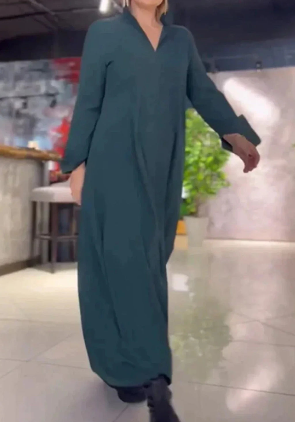 Casual Loose Fit V-Neck Long Sleeve Solid Color Dress